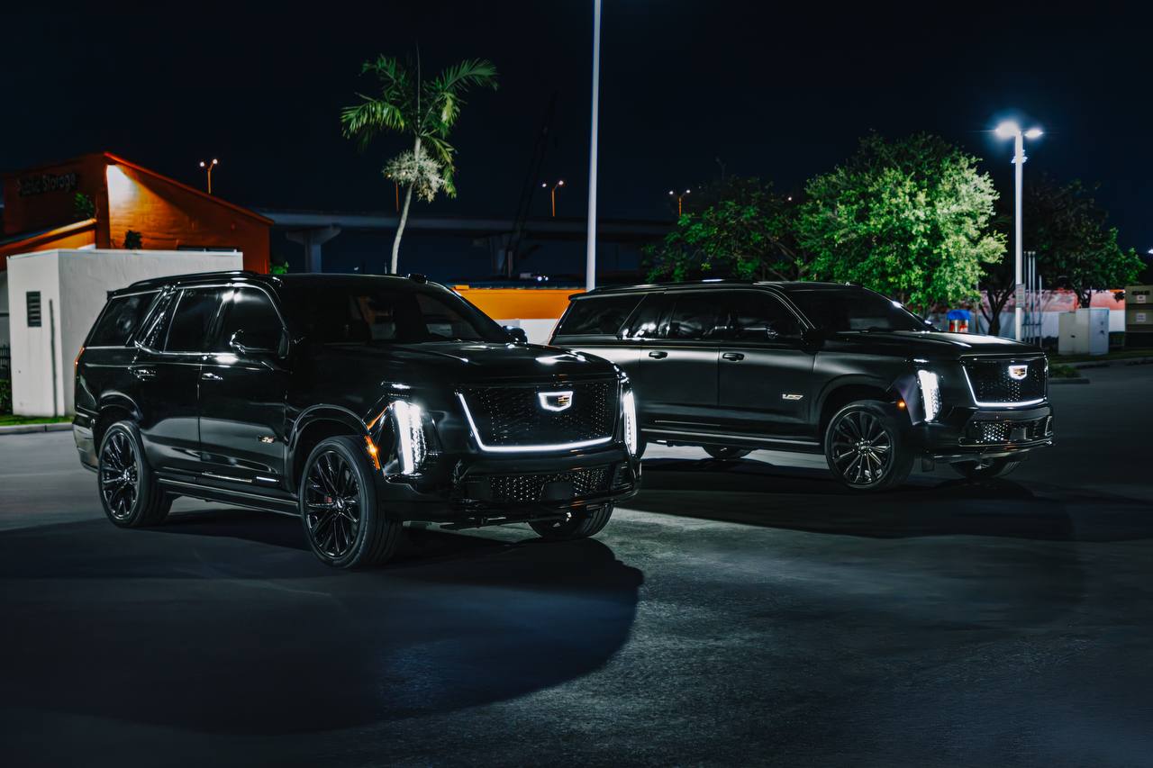 Escalade V — Black, front three-quarter view at Miami estate